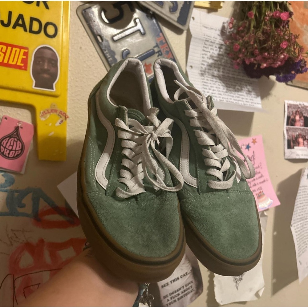 Sage green vans with gum soles
